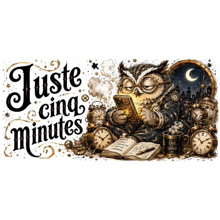 Mug Juste Cinq Minutes – Hibou Steampunk Humoristique | VISUAI