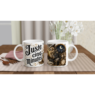 Mug Juste Cinq Minutes – Hibou Steampunk Humoristique | VISUAI