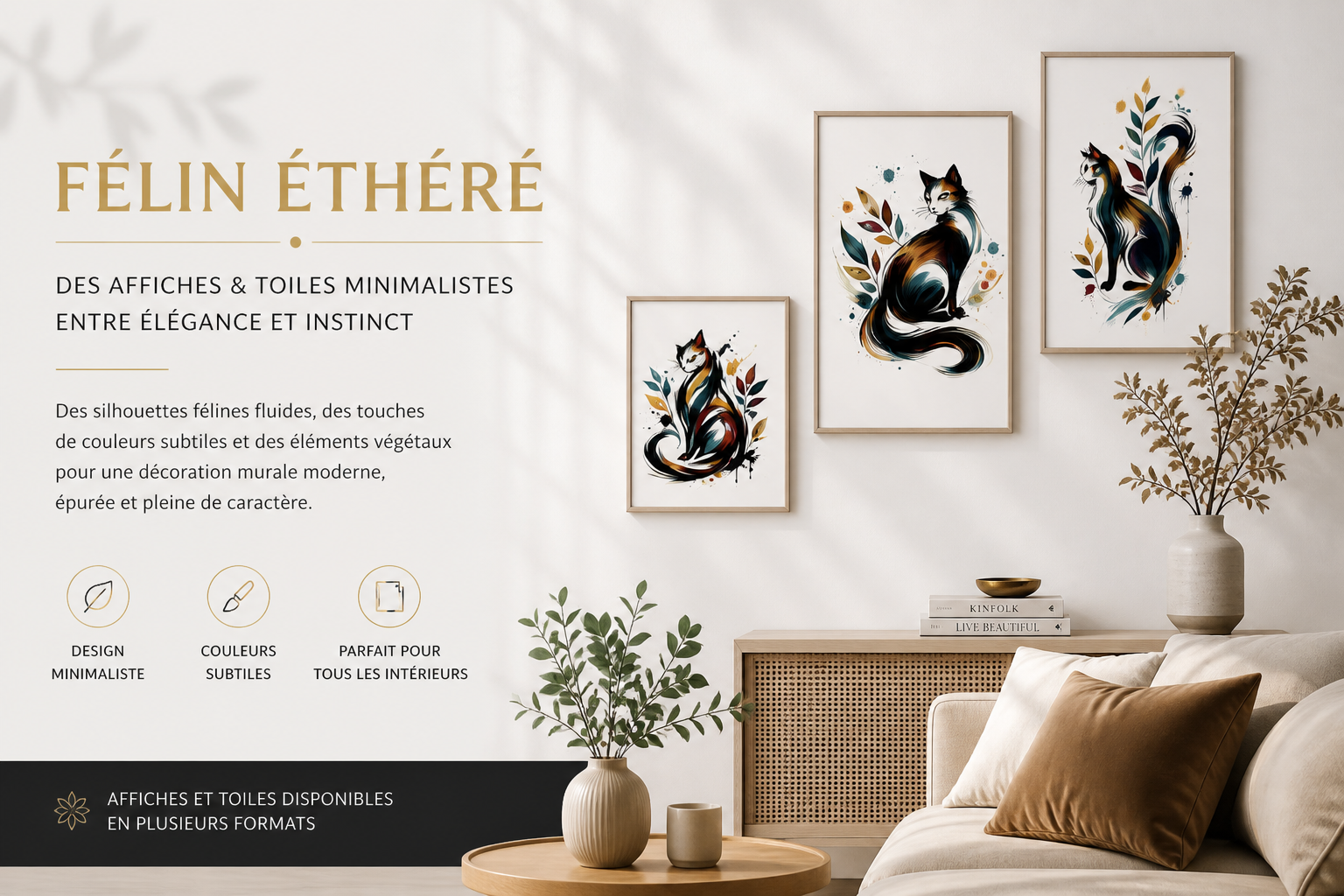 Félin Éthéré : affiches et toiles minimalistes au style élégant et naturel